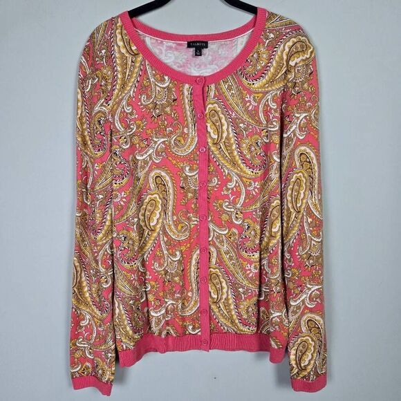 Talbots Womens Paisley Button Up Cardigan Size Large Pink Artsy Boho Lightweight - Picture 1 of 7